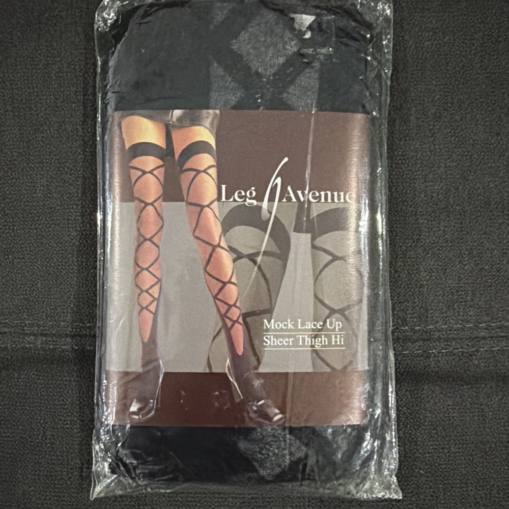 Leg Avenue 9217 Black Sheer Thigh High Stockings Mock Lace Up One Size 0025